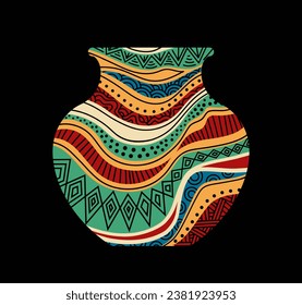 Patrón africano en el concepto de jarrón. Patrones y ornamentos abstractos en la jarra. Creatividad y objeto artístico. Elemento gráfico para el sitio web. Dibujo vectorial plano de dibujos animados aislado en fondo negro