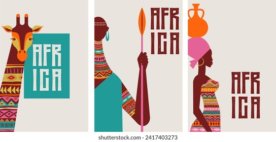 Africa patterned design. African background, banner with tribal traditional grunge pattern, elements, vector concept illustration. Masks, patterns, African symbols and colors