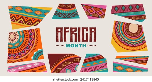 Africa patterned design. African background, banner with tribal traditional grunge pattern, elements, vector concept illustration. Masks, patterns, African symbols and colors