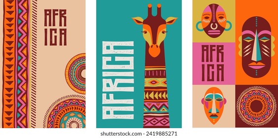 Africa patterned design. African background, banner with tribal traditional grunge pattern, elements, vector concept illustration. Masks, patterns, African symbols and colors svg