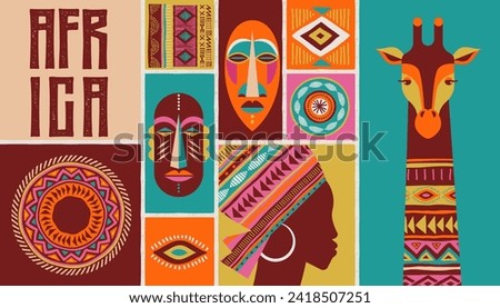 Africa patterned design. African background, banner with tribal traditional grunge pattern, elements, vector concept illustration. Masks, patterns, African symbols and colors