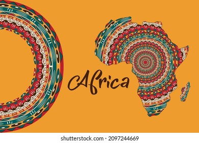 Africa patterned map. Banner with tribal traditional grunge African pattern, elements, concept design. Vector isolated on orange background 