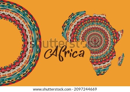 Africa patterned map. Banner with tribal traditional grunge African pattern, elements, concept design. Vector isolated on orange background 