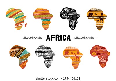 Africa patterned map, collection of logo design. Banner with tribal traditional grunge pattern, elements, concept design. Vector illustration