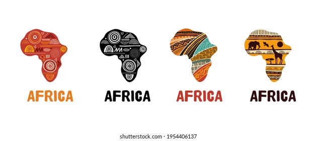 Africa patterned map, collection of logo design. Banner with tribal traditional grunge pattern, elements, concept design. Vector illustration
