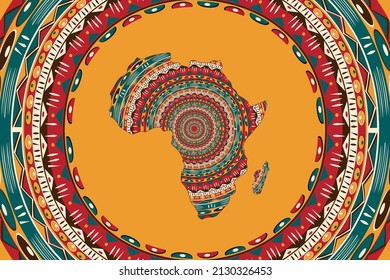 Africa patterned map and frame ethnic motifs. Banner with tribal traditional grunge African pattern, elements, concept design. Vector isolated on orange background 