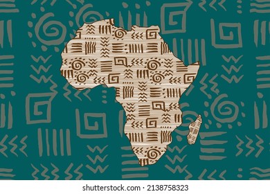 Africa patterned map and frame ethnic motifs. Seamless Banner with tribal traditional grunge African pattern, elements, concept design. Vector Ethnic African continent isolated on green background 