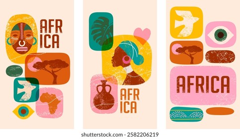 Africa patterned vertical design. African background, banner with tribal traditional grunge pattern, elements, vector concept illustration. Masks, patterns, African symbols and colors