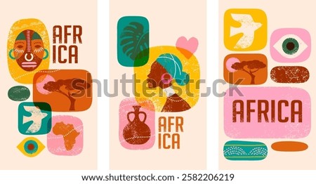 Africa patterned vertical design. African background, banner with tribal traditional grunge pattern, elements, vector concept illustration. Masks, patterns, African symbols and colors
