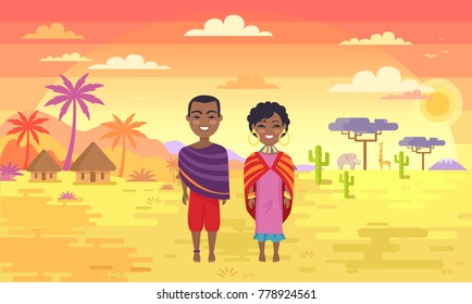 Africa people man and woman in national cloth standing in hot dessert among palms and baobabs, happy ethnic african couple vector illustration