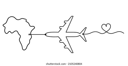 Africa with plane as line drawing on white background. Vector