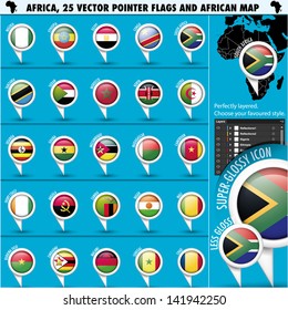 Africa Pointer Flag Icons with african Map set1