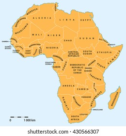 Africa political map with actual borders 2016. African continent and Madagascar island, background for your infographics. All data are in layers for easy editing vector map.