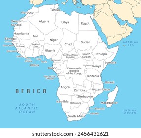 Africa political map. Largest continent, including Madagascar. With country names and international borders. vector illustration.