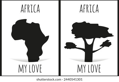 Afrika-Postkartenset mit Baobab und Kontinent auf weißem Hintergrund. Schwarzes einfaches Silhouetten-Symbol von Afrika und Festland im trendigen ausgeschnittenen Papierstil. Vektor-Illustration im minimalistischen Stil. EPS 10