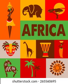 Africa - poster and background with set of illustrations