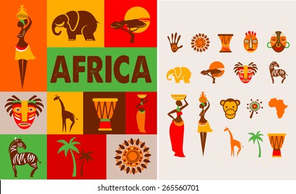 Africa - poster and background with set of illustrations