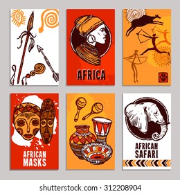 Africa poster set with safari and masks sketch elements isolated vector illustration