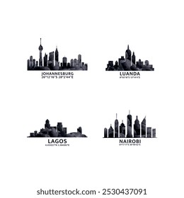 Städte der Region Afrika Logo und Ikonensatz. Vektorgrafik-Kollektion für Johannesburg, Luanda, Lagos, Nairobi. Kenia, Nigeria, Angola, Südafrika Skyline Embleme