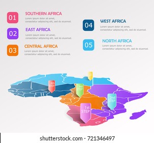 Africa regions business colorful map and points on white background. Infographic elements. North, west, east, central, southern africa. Easy to use on flyers banners or web. Vector illustration.