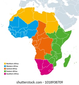 Africa Regions Political Map. United Nations Geoscheme With Single Countries. Northern, Western, Central, Eastern And Southern Africa In Different Colors. English Labeling. Illustration. Vector.