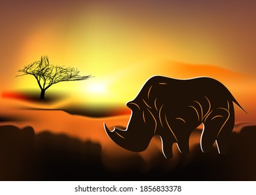 Africa. Rhinoceros on a sunrise background. 10 EPS