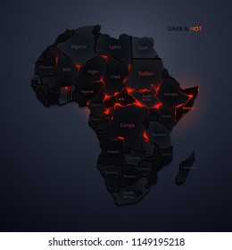 Africa risk map. Dark Continent in the form of charred volcanic surface. Borderlines are like a fiery veins of lava. Most dangerous countries has a heated titles. Conceptual vector poster