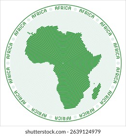Africa round logo design. Continent shape build of rings. Africa text around the continent. Vector Illustration.