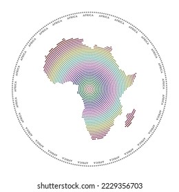 Africa round logo. Digital style shape of Africa in dotted circle with continent name. Tech icon of the continent with gradiented dots. Amazing vector illustration.