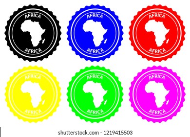 Africa - rubber stamp - vector, Africa continent map pattern - sticker - black, blue, green, yellow, purple and red