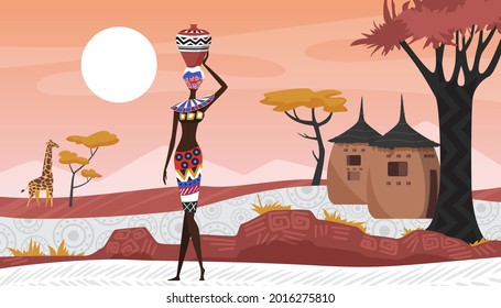 Africa rural landscape with abstract geometric pattern, village and African people vector illustration. Cartoon woman with jug, afro character in tribal traditional costume near houses huts background