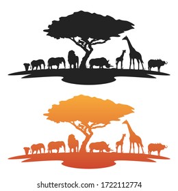 Africa Safari adventure landmark African Sunset. Panorama vector illustration. 