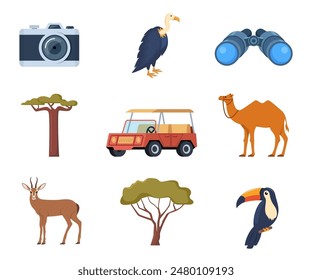 Africa and Safari elements and icons. Binocular, toucan, photo camera, camel, tree, safari jeep Vector