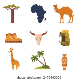 Africa and Safari elements and icons. Camel, giraffe, palm tree, baobab, vulture, backpack boots Egyptian vase