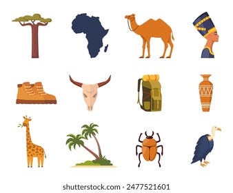 Africa and Safari elements and icons. Camel, giraffe, palm tree, baobab, vulture, backpack boots Egyptian vase