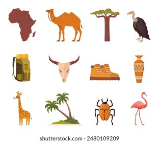 África y Safari Elementos e iconos. Camello, jirafa, palmera, baobab, buitre, botas de mochila jarrón egipcio