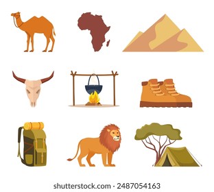 África y Safari Elementos e iconos. Dunas, safari jeep, botas, árbol, mapa africano, león. Vector