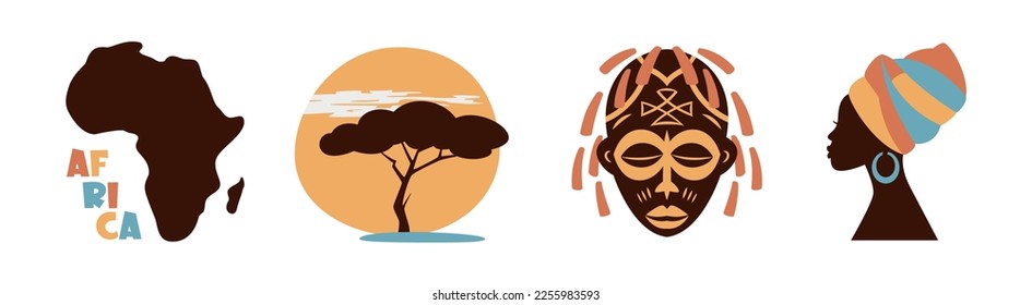 Africa and Safari elements and icons. Logo Design Vector Template. Africa map, African tribal mask, landscape and woman silhouette in traditional multicoloured  turban. Travel, Safari Paints