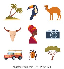 Africa and Safari elements and icons. Palm, toucan, photo camera, African woman, tree, safari jeep Vector