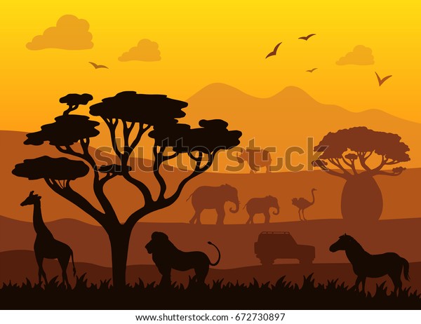 Africa Safari Landscape Vector Illustration Sunrise Stock Vector ...