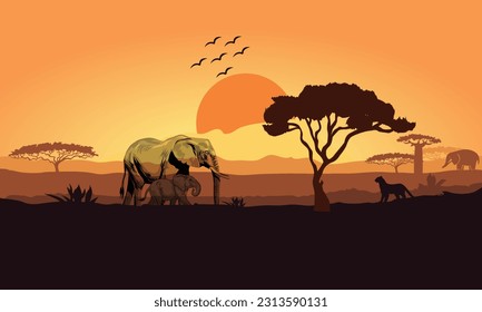 Africa Safari Savanna landscape illustration