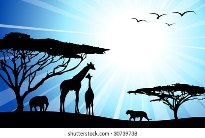 Africa Safari Silhouettes Wild Animals Dawn Stock Vector (Royalty Free ...