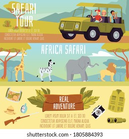 Africa Safari Tour Banner Set - Cartoon-Leute auf Expedition Abenteuer mit afrikanischen Tieren und Reiseausrüstung. Tierwelt-Entdeckung auf Lastwagen, Vektorgrafik.