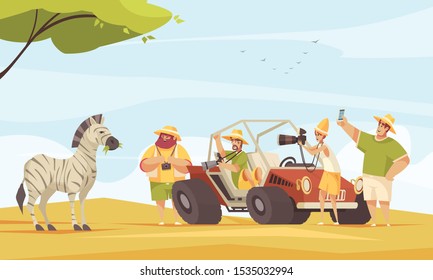Africa safari tour travelers making photos of zebra with camera and smartphone flat composition vector illustration