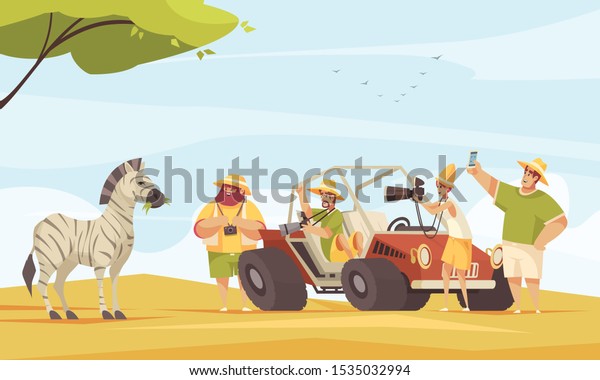 Africa\
safari tour travelers making photos of zebra with camera and\
smartphone flat composition vector\
illustration