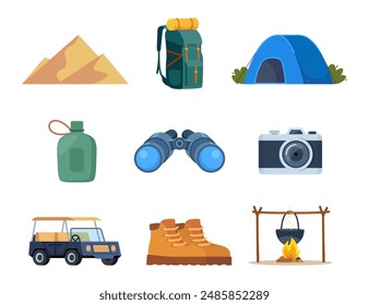 Afrika und Safari Touristenausrüstung Elemente und Ikonen. Binokular, Rucksack, Fotokamera, Kamel, Dünen, Safari Jeep, Stiefel, Wasserflasche. Vektorgrafik