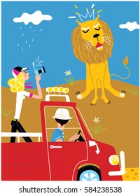 Africa safari trip. Love couple traveling on the jeep and meeting leo. Vector illustration. Horoscope sign leo. 