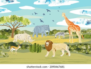 Africa. Savanna landscape with animals. Nature hand draw vector Illustration with elephant, gazella, rhino, giraffe, zebra, lion, birds, tree and bushes. Set for touristic, safari, zoo and book