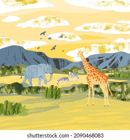 Africa. Savanna landscape with animals. Reserves and national parks outdoor. Bright hand draw vector Illustration with zebras, giraffe, elephant, birds, mountains, bushes and sunset