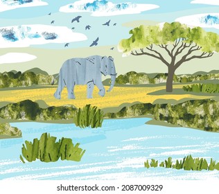 Africa. Savanna landscape with elephant. Reserves and national parks outdoor. Vector Illustration with animal, river, acacia tree, grass, bushes. Nature design for print, postcard, banner